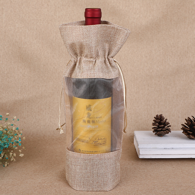 모조 주트 와인 병 가방 커버, 투명 창 드로스트링 선 - Jute Bag Packaging 리뷰 및 가격